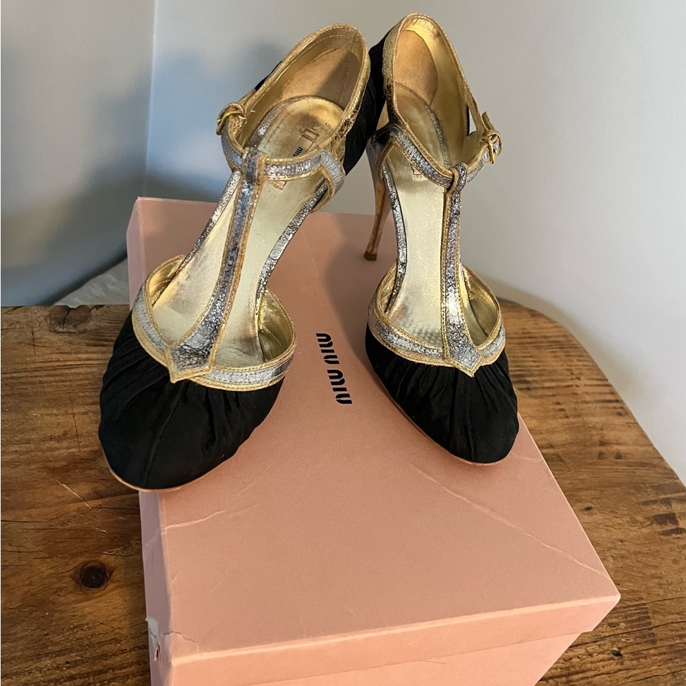 Miu Miu T-Strap Spectator Heel Fabric & Metallic … - image 3